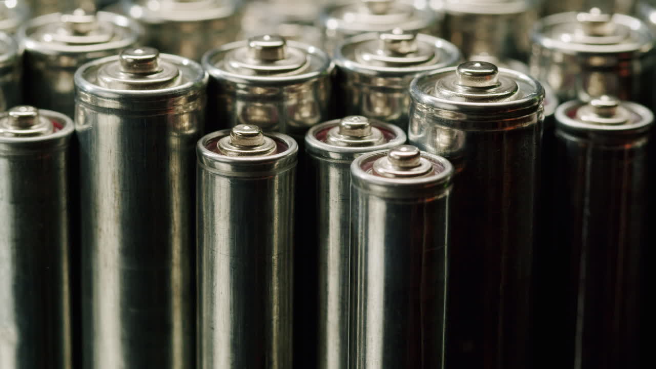 Silver batteries AA and AAA on black background close-up. Double-A battery is a standard size single cell cylindrical dry battery. Batteries are common in portable electronic devices. An AA battery is composed of a single electrochemical cell that may be either a primary battery or a rechargeable ba