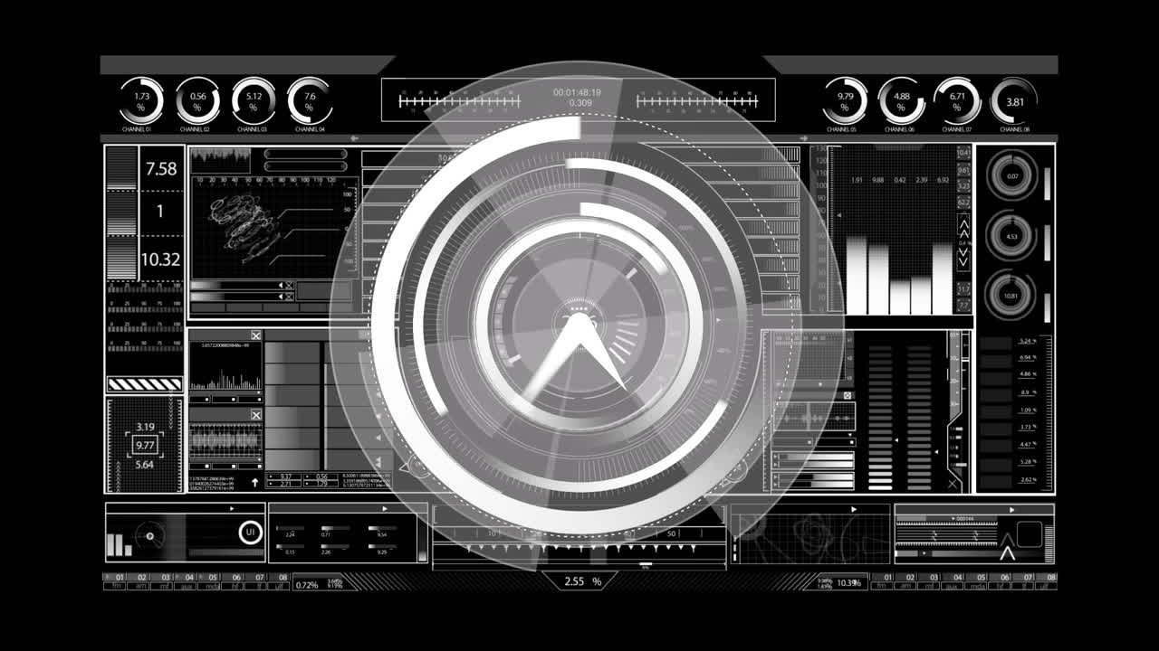 검은 바탕에 디지털 인터페이스를 통해 시계와 함께 범위 스캐닝의 애니메이션