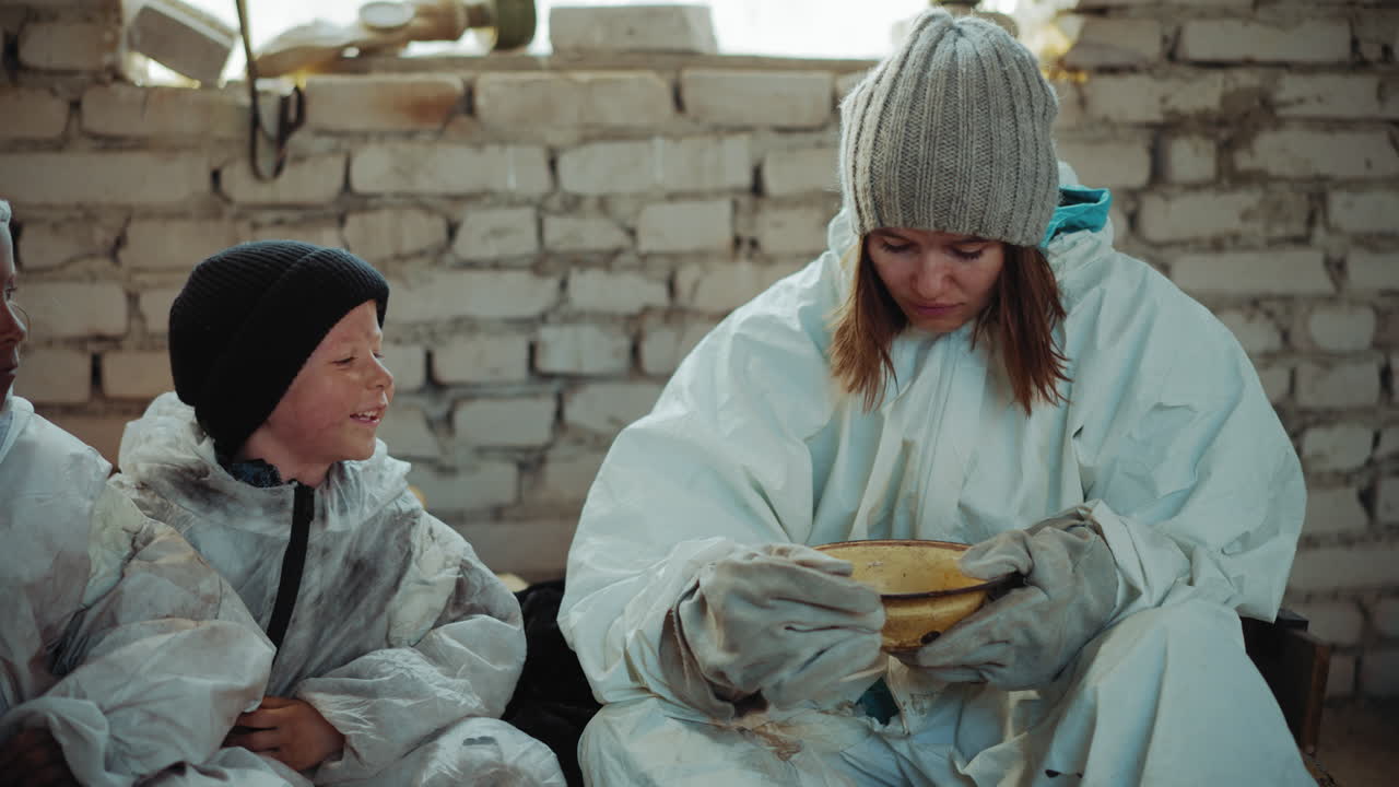 Children in worn protective clothing sit inside abandoned shelter watching their leader holding bowl of food, faces marked by dirt, expressing struggle, poverty, survival, hunger, and resilience