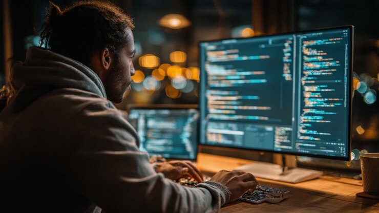 Focused Programmer Engaged in Coding at Night with Multiple Monitors Illuminated by City Lights, Showcasing the Art of Software Development in a Modern Workspace
