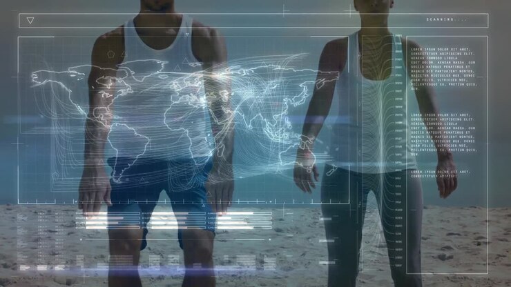 Animation of data on digital screen over caucasian man and woman exercising on beach