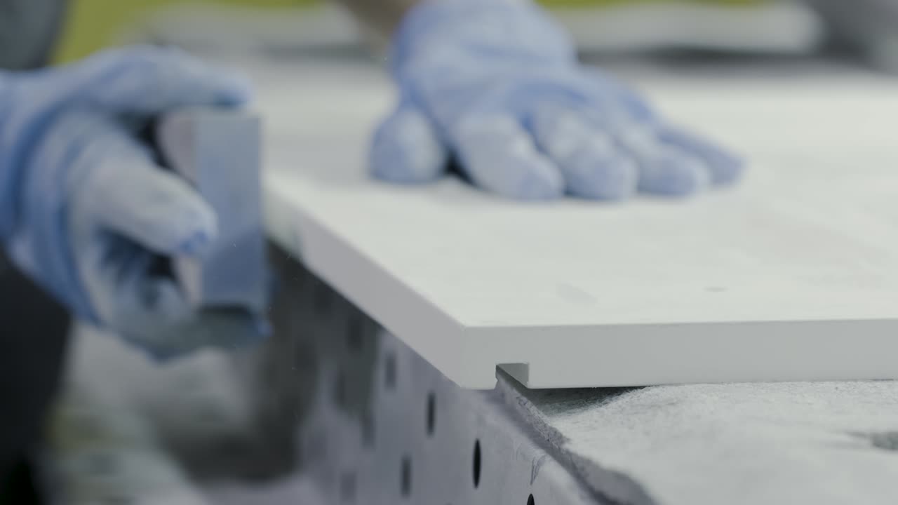 trabajador suavizando material blanco con herramientas