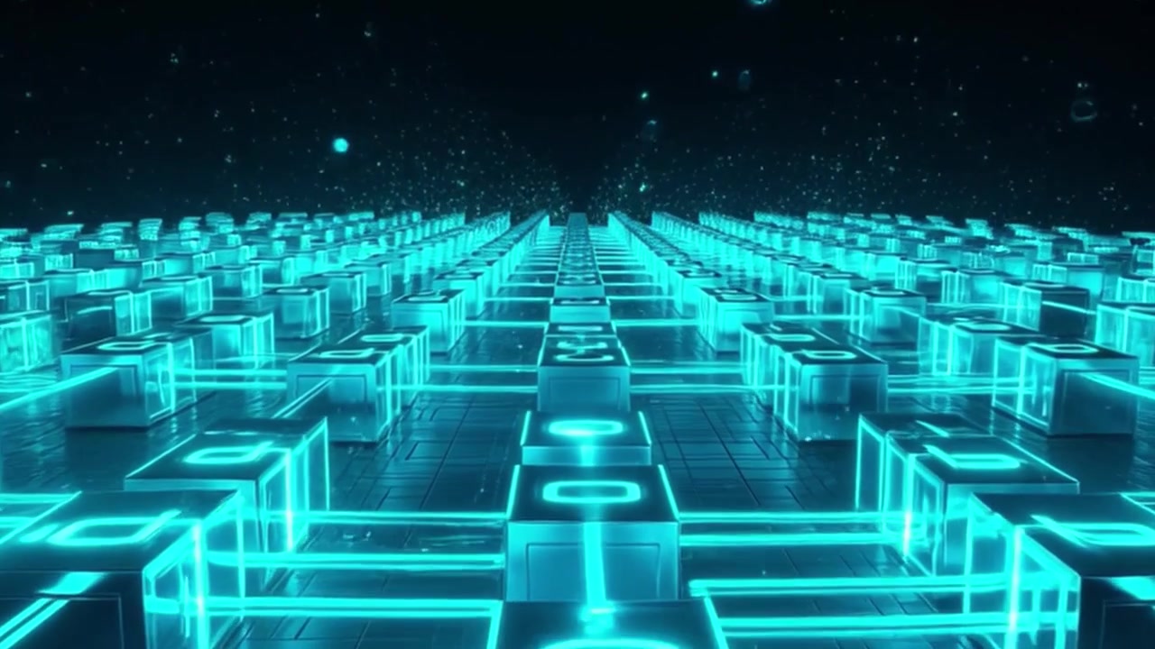 Digital Network of Glowing Blue Cubes Connecting in Cyberspace