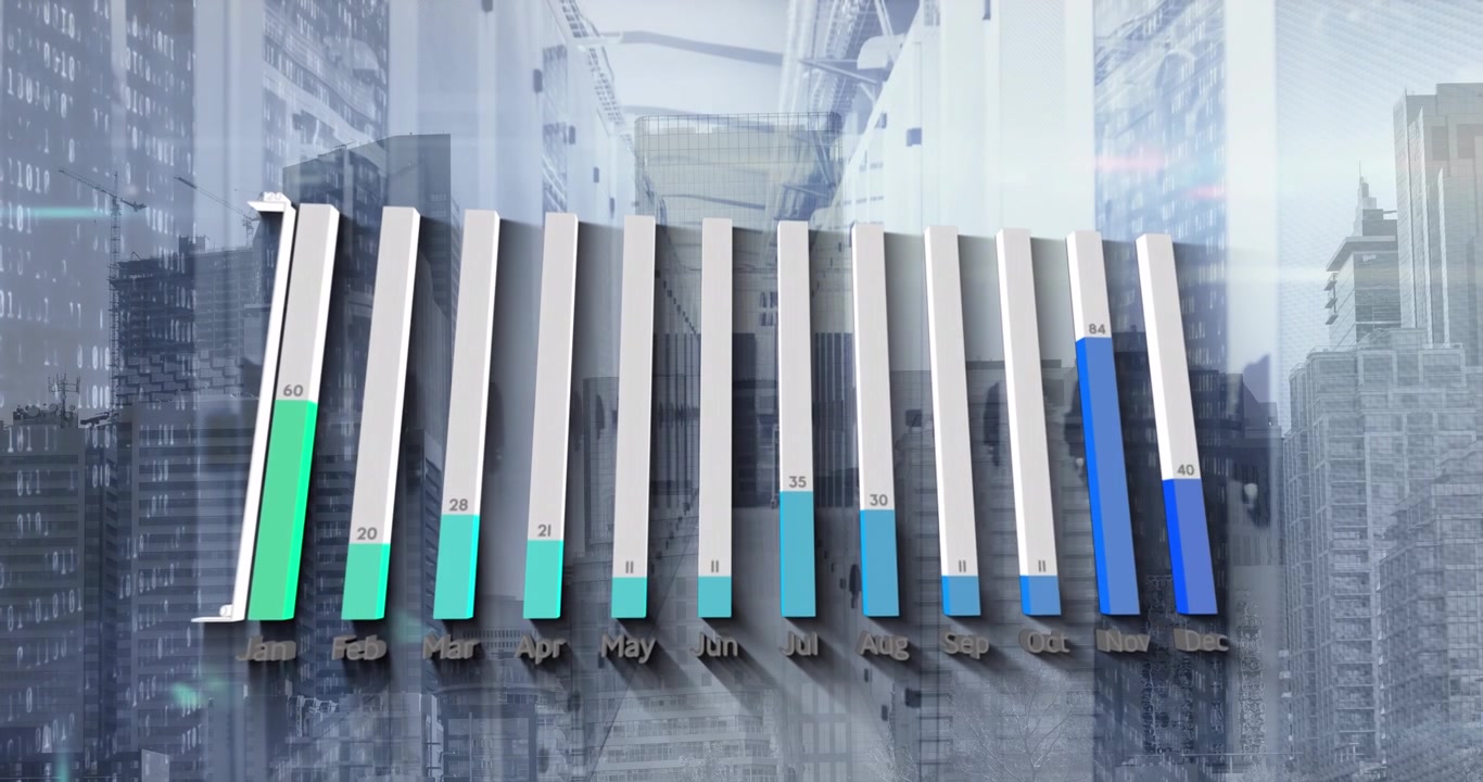 Animación de procesamiento de datos estadísticos sobre edificios altos en el fondo.