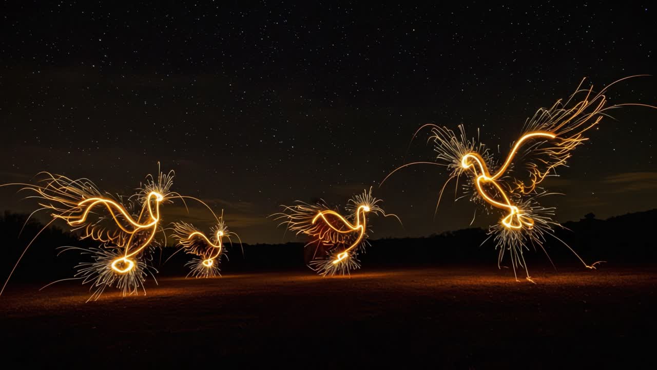 Illuminated Birds Dance Under Starry Sky: A Captivating Display of Light and Motion Captured in a Breathtaking Artistic Video Sequence