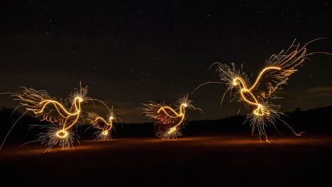 illuminated birds dance under starry sky: a captivating display of light and motion captured in a breathtaking artistic video sequence
