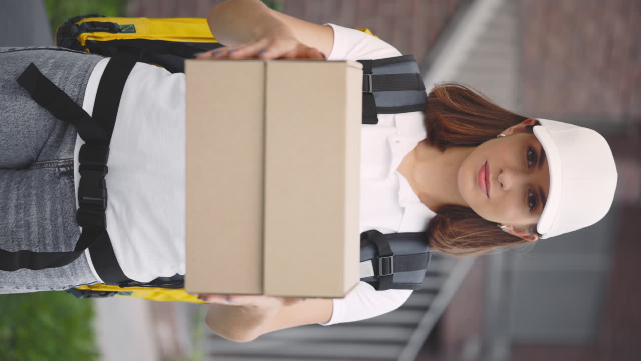 mujer entregadora que sostiene el paquete