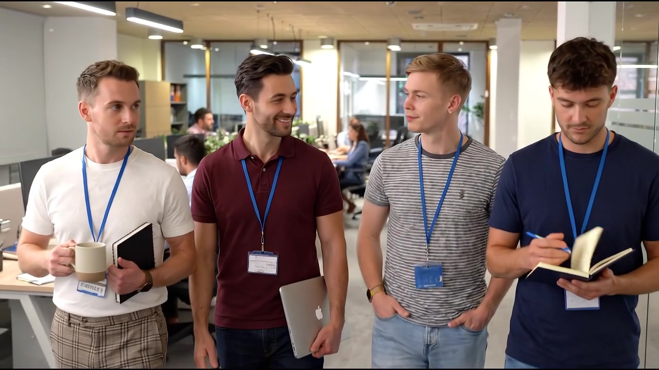 Team di quattro giovani professionisti che camminano in ufficio, con laptop e quaderni, concetto di lavoro di squadra e collaborazione aziendale.