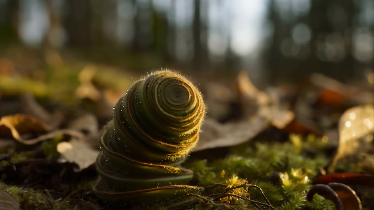 Primo piano di una piccola conchiglia di lumaca che giace su muschio umido e foglie cadute su un terreno boschivo, con luce solare soffusa, texture terrose e uno sfondo naturale sfocato.