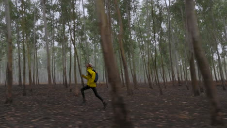 un turista con chaqueta amarilla corre dentro del bosque y cae al suelo en el denso bosque de la región de terai, nepal