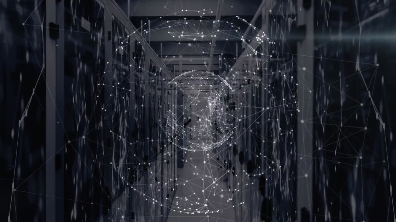 Animation of network of connections and globe over server room