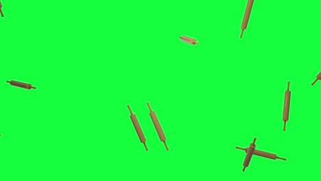 un rodillo de cocina de madera cayendo sobre una pantalla verde con un fondo de llave de croma. concepto de comida de masa casera. utensilios de cocina para panadería, pastelería, pan, pizza o pasta en un nuevo fondo en 4k.
