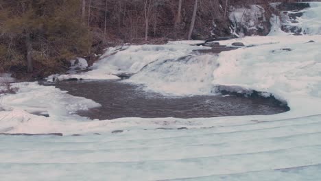 small waterfall in the winter with snow around it