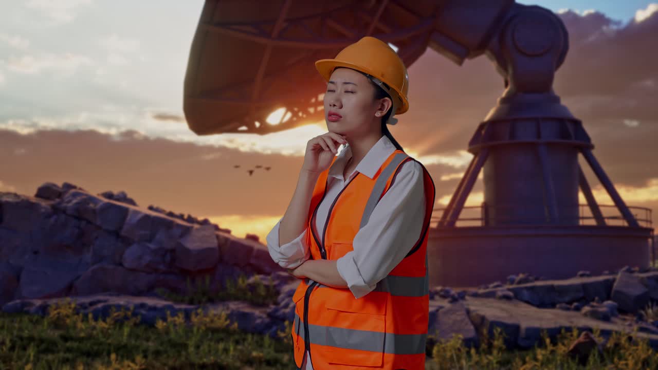 Side View Of Asian Female Engineer With Safety Helmet Thinking And Looking Around Then Raising Her Index Finger While Standing With Large Satellite Dish