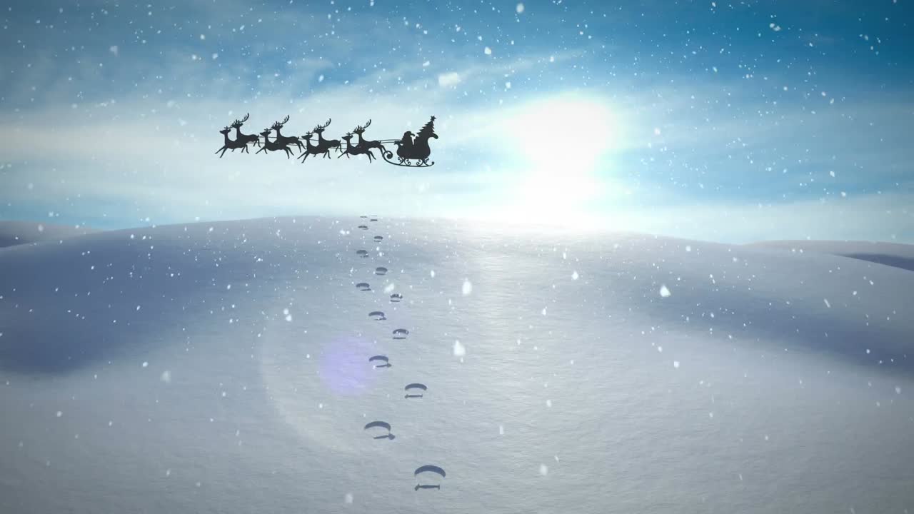 animación de santa claus en trineo con renos que pasan sobre un paisaje invernal nevado