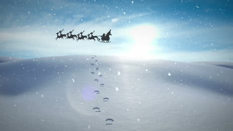 animation of santa claus in sleigh with reindeer passing over snowy winter scenery