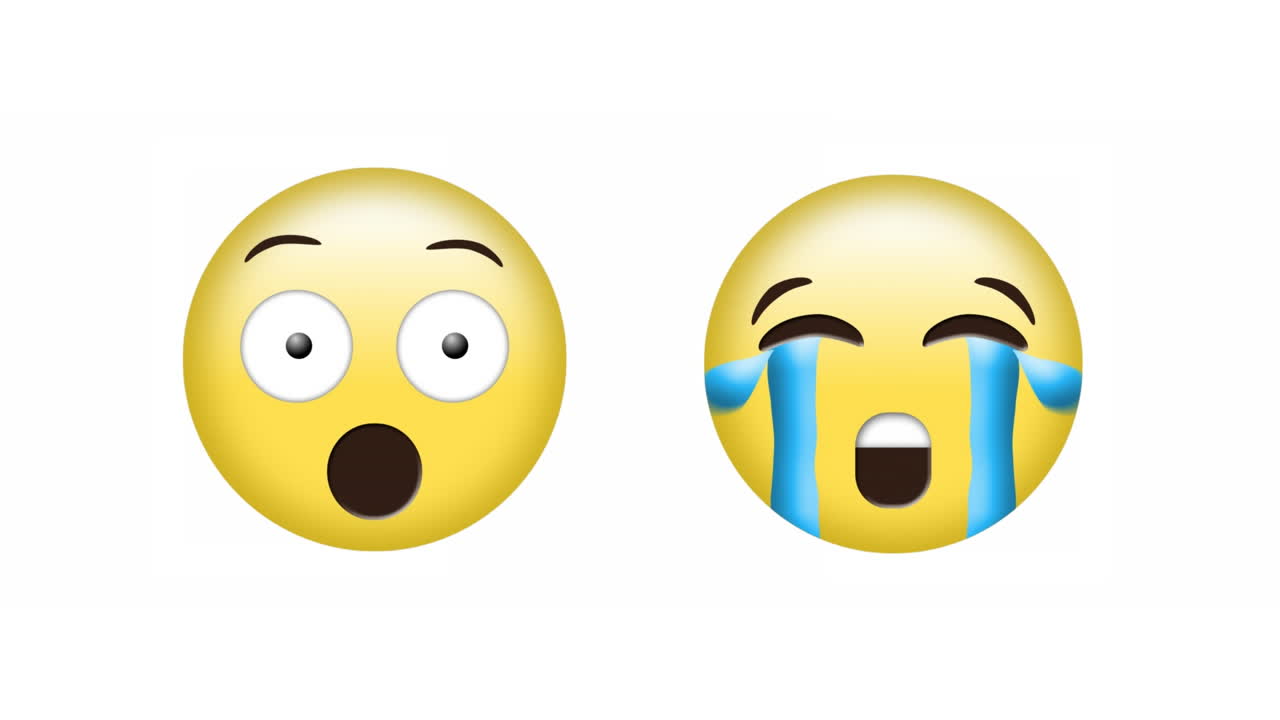animación de emoji sorprendidos y llorando iconos de emoji de redes sociales sobre fondo blanco