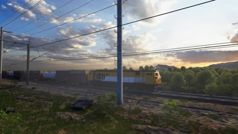 a freight train hauls shipping containers through the landscape, sunset and blue sky