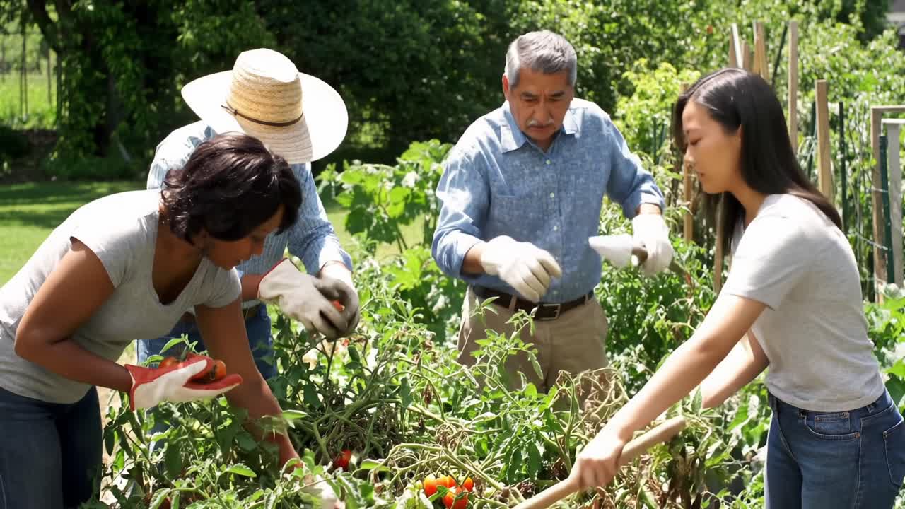 Gardening Family Harvesting Vegetables Together in a Home Garden on a Sunny Afternoon