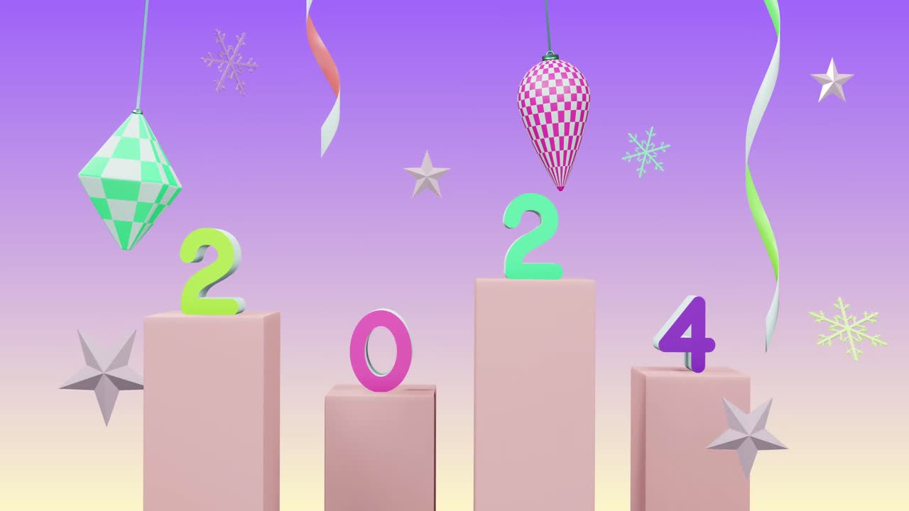 animación del número 2024 sobre el año nuevo y las decoraciones de navidad sobre fondo púrpura