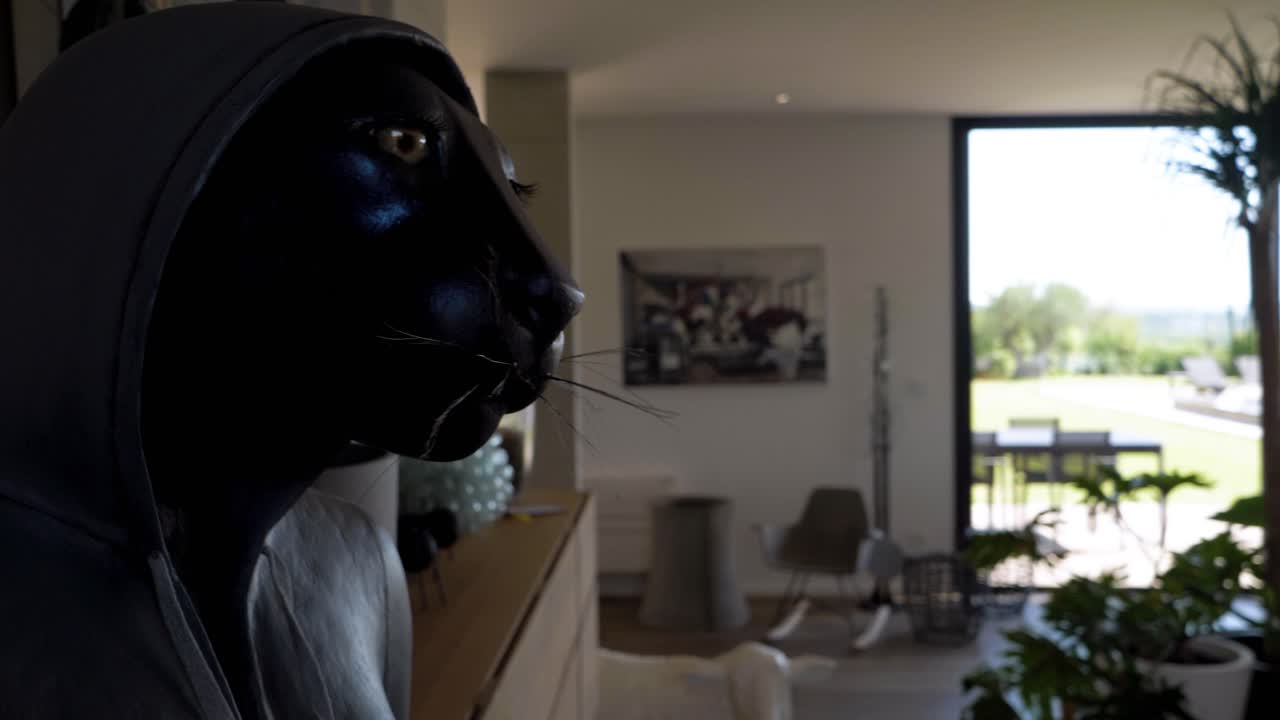 rotación lenta que muestra un gran ornamento animal con bigotes en exhibición dentro de una villa