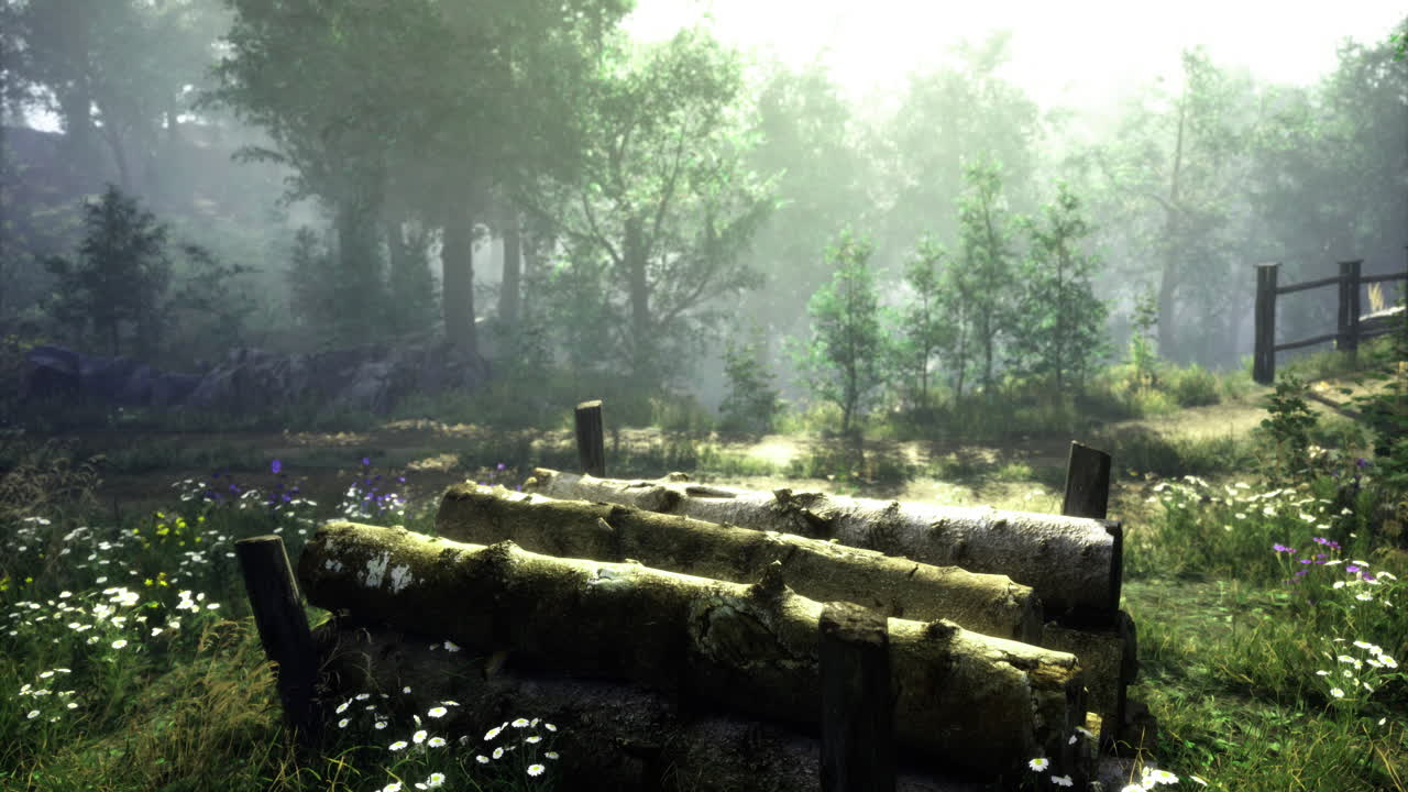 Wooden logs resting in a lush green forest during morning light