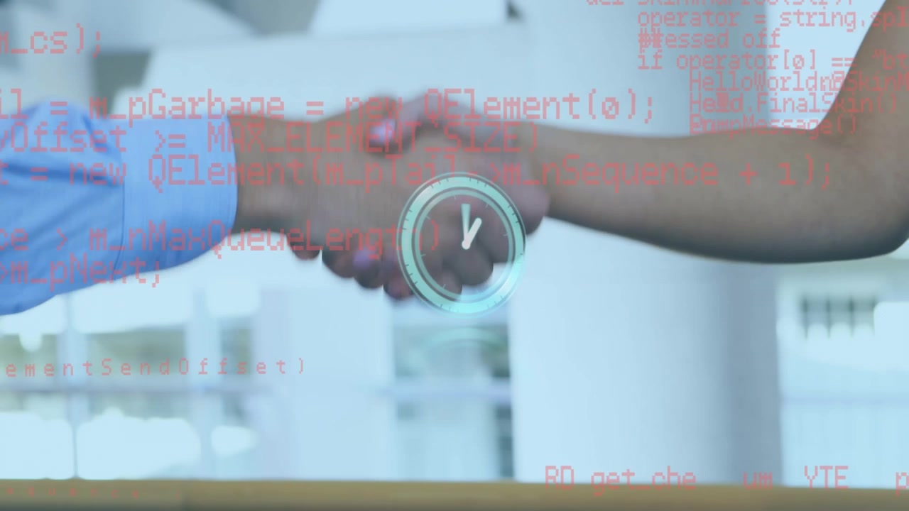 Animation of clock and data processing over diverse business people