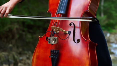 Performance music on nature. Woman performing music on violin on mountain outdoor