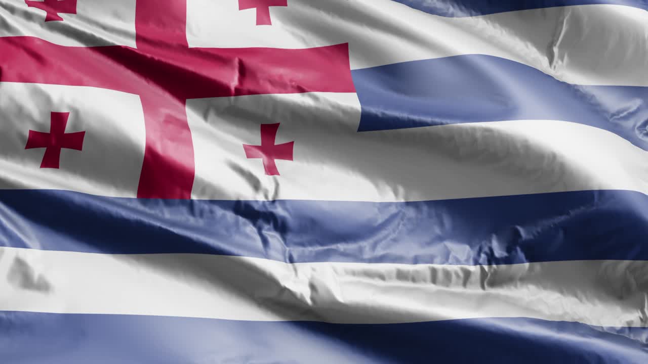 Bandera de Ayaria ondeando lentamente al viento en bucle. Estandarte ayariano meciéndose suavemente con la brisa. Fondo de pantalla completo. Bucle de 20 segundos.