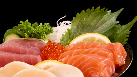 a vibrant platter of salmon, tuna, scallop sashimi, and salmon roe rotates smoothly under bright studio lighting, highlighting fresh seafood and garnishes