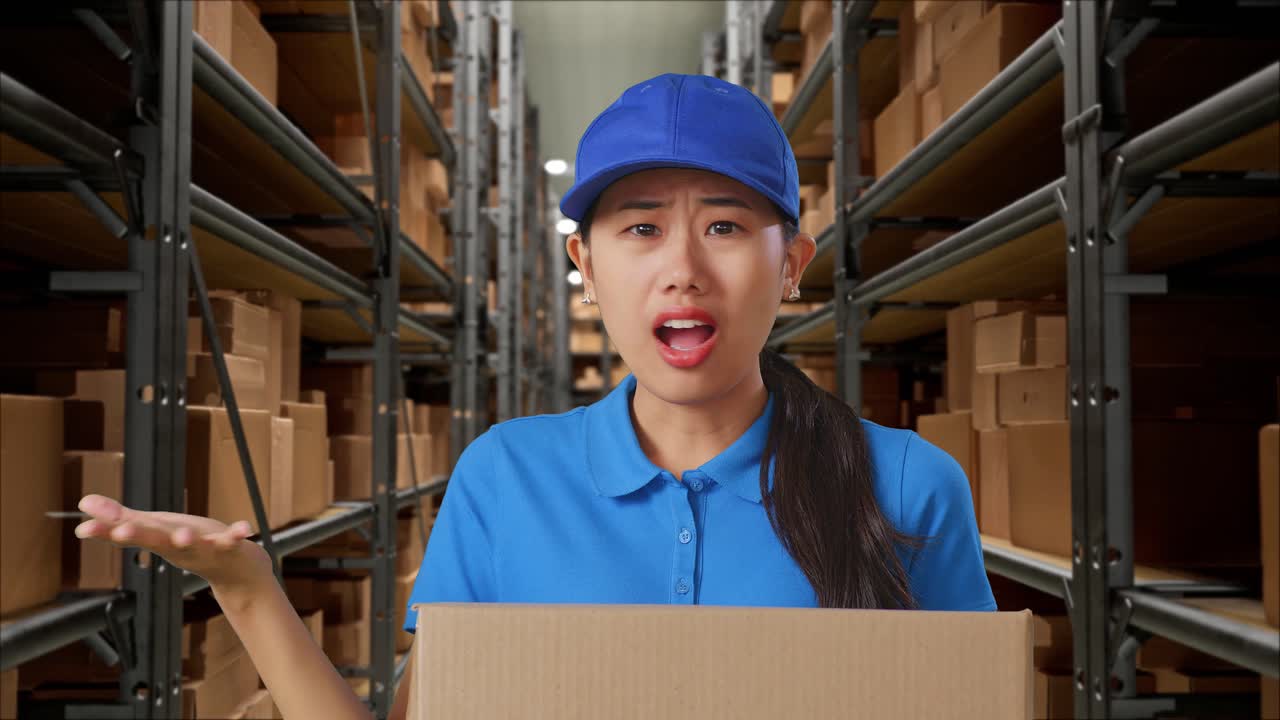 파란 유니폼을 입은 아시아 여성 택배사의 클로즈업은 창고에서 상자를 배달하는 동안 당황스러운 몸짓을 보여주고 무엇을 말합니다.