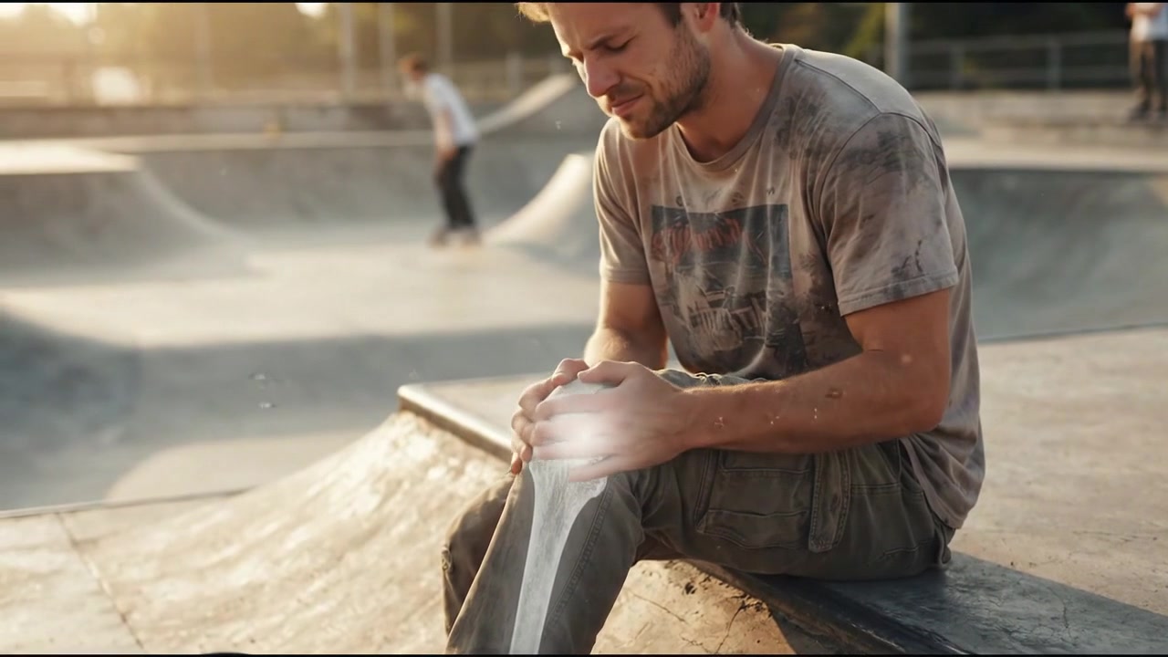 Skater sufriendo dolor de rodilla en un skatepark