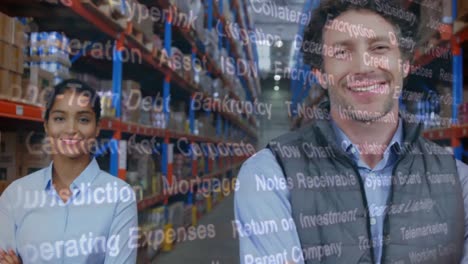 animación de palabras clave sobre trabajadores de almacén hombres y mujeres felices