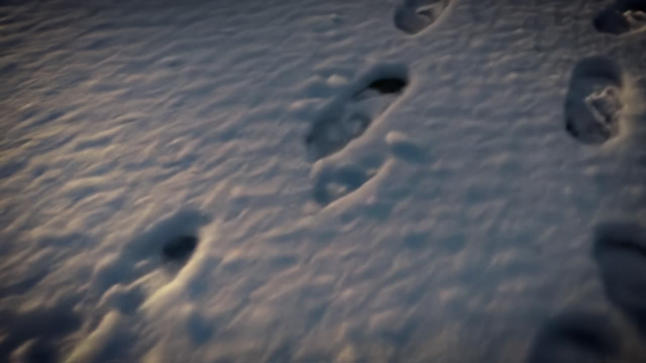 Footprints lead across a serene snowy field as the sun begins to rise. The landscape is calm and untouched, highlighting a peaceful winter morning.