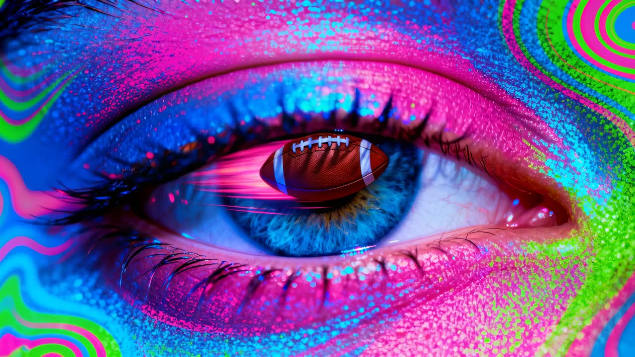 Appearing small football crossing cornea over painted eye in studio, creating surreal neon effect