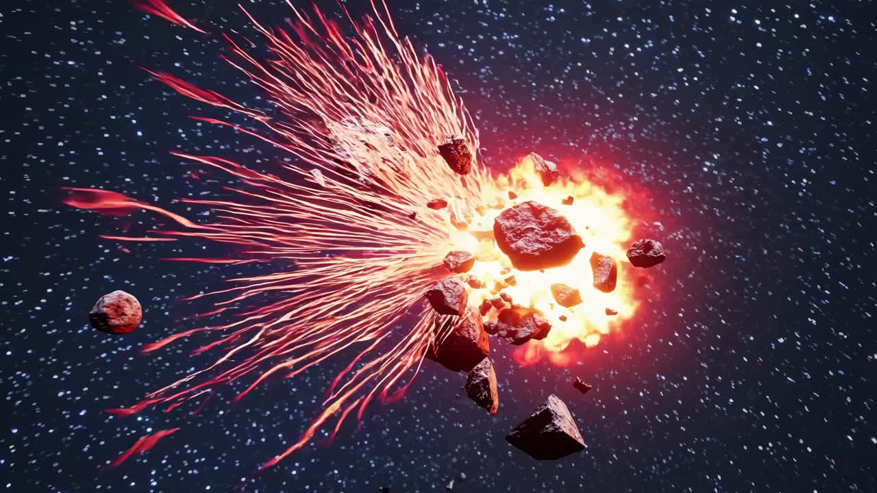 Dynamic video of a meteor explosion in space, captured from a wide-angle perspective