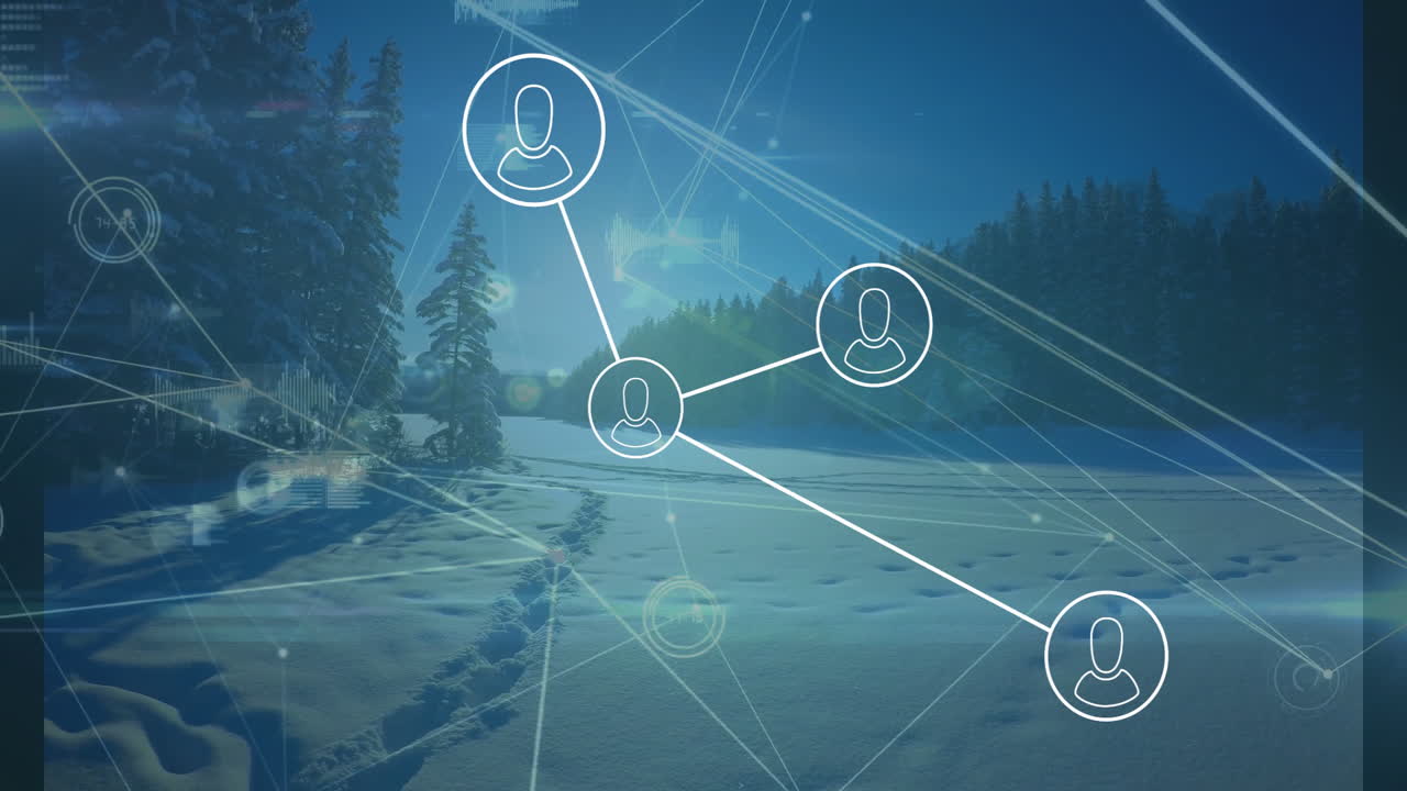 Network of connections and data processing animation over snowy forest landscape