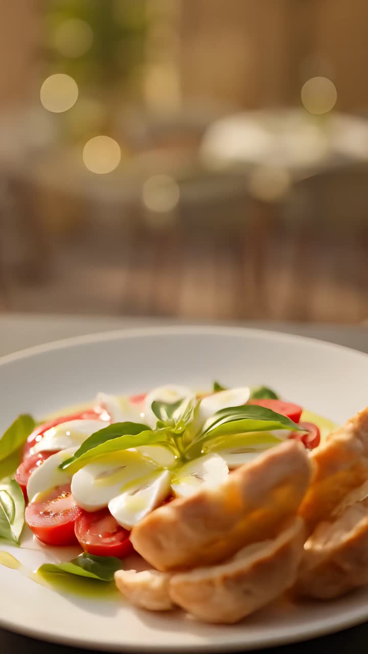 Primer plano de Ensalada Caprese Fresca con Pan en un Plato Blanco
