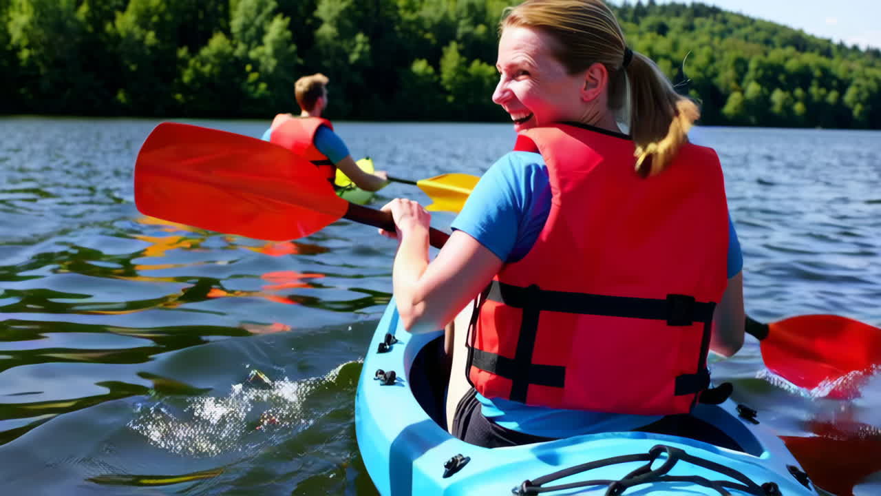 People Enjoying Kayaking on a Sunny Lake
