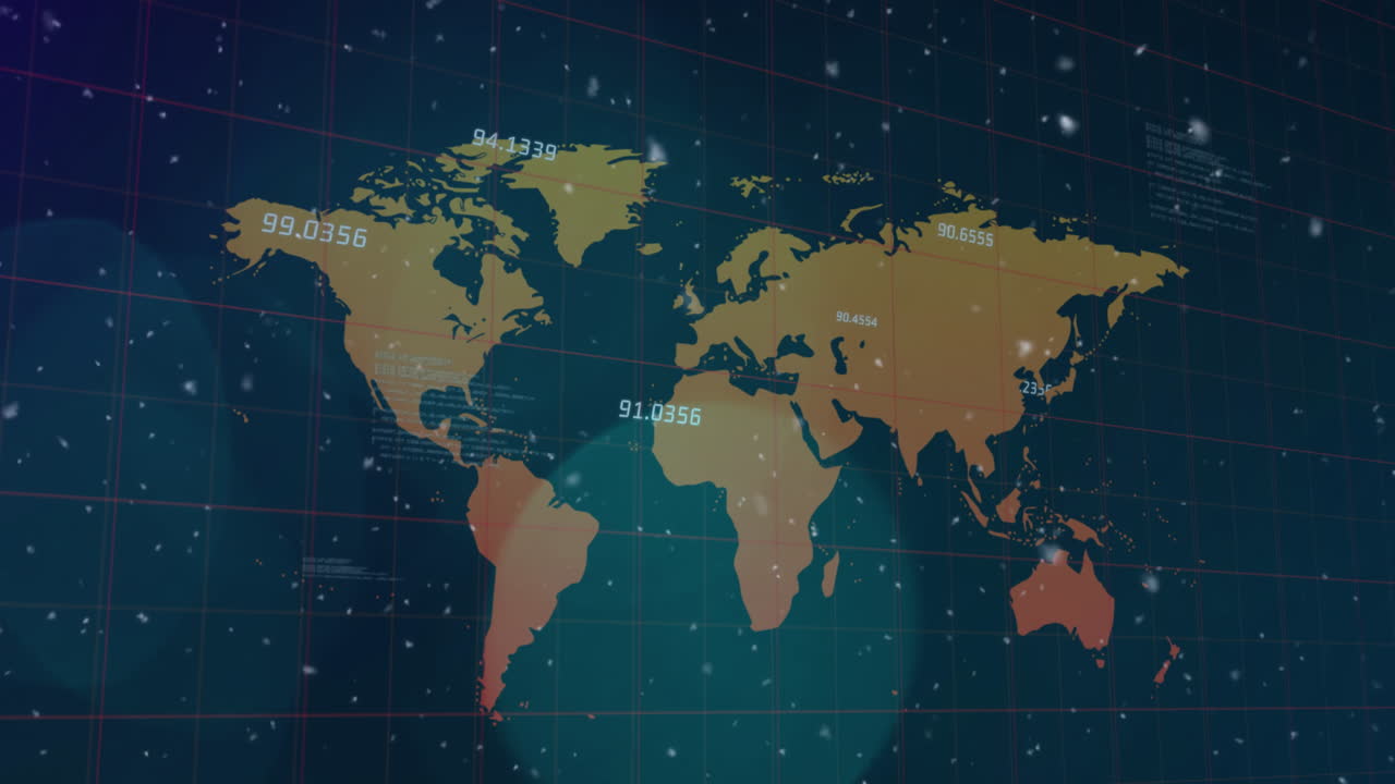 세계 지도 위의  ⁇  입자 및 밝은 반점의 애니메이션과 검은 바탕의 데이터 처리