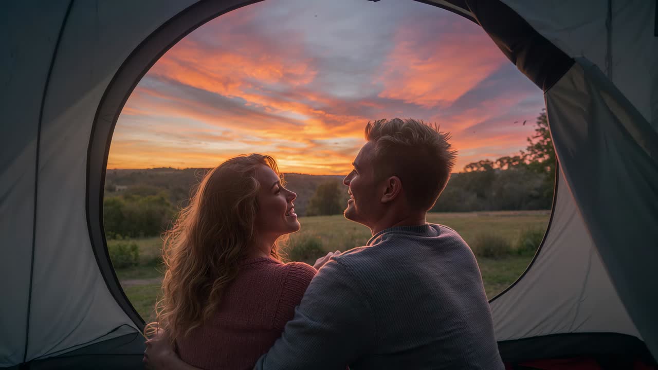 Leaning couple turning toward each other at tent opening, watching sunset deepening over hills