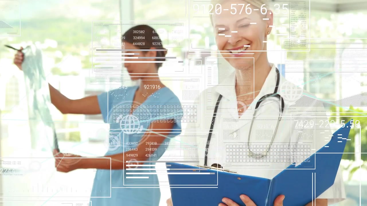 Nurse holding X-ray film for patient diagnosis and doctor flipping file while digital HUD appearing
