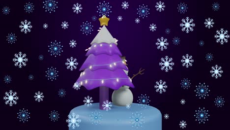 animación de copos de nieve sobre el árbol de navidad y el muñeco de nieve sobre fondo negro
