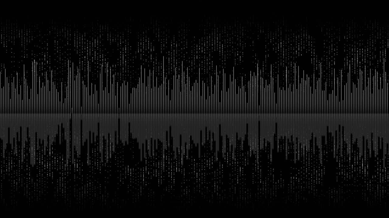 Monochrome animated audio waveform pulsing simulating dynamic motion of digital sound frequencies