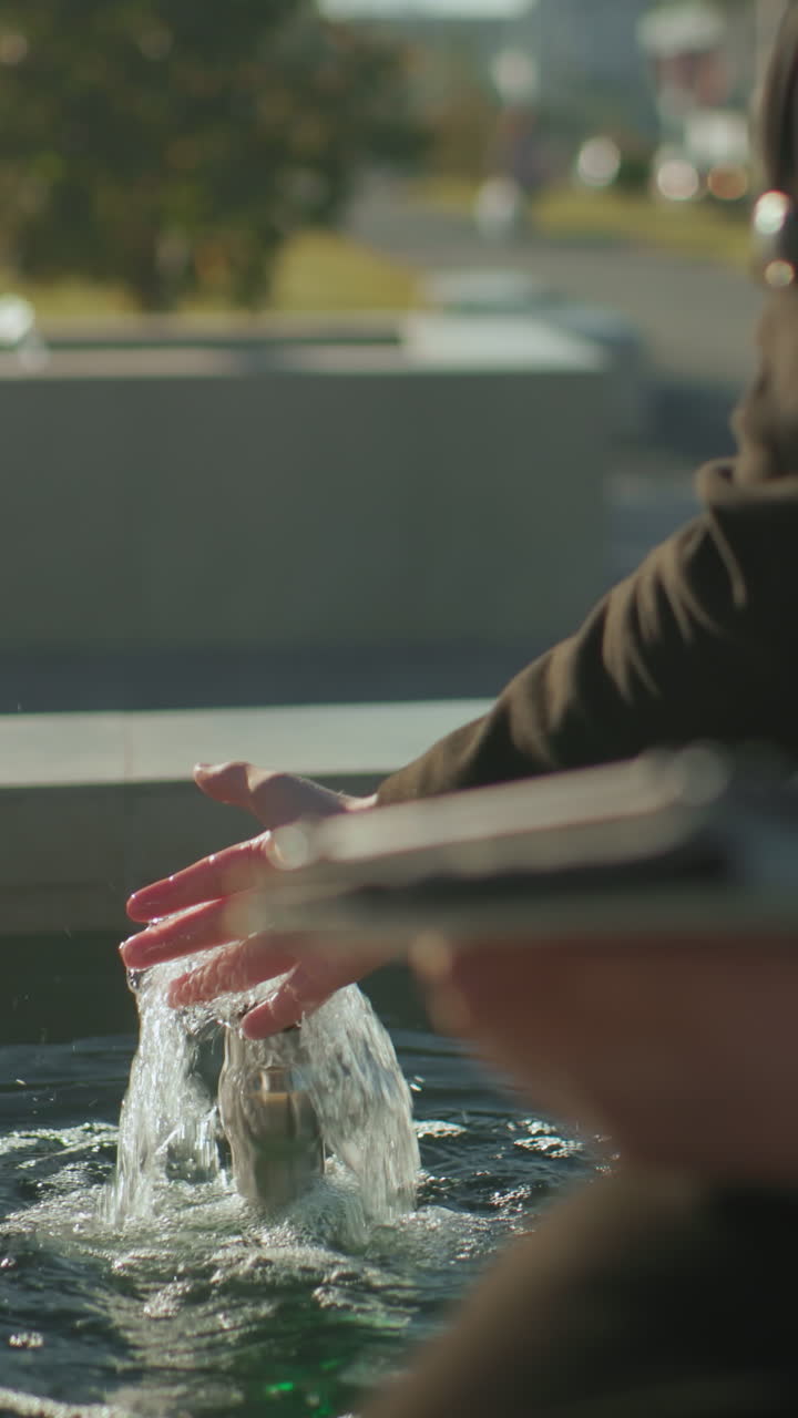 검은 코트를 입은 남자가 야외에 앉아서 밝은 빛 아래 물 근처의 태블릿과 함께 다중 작업을 하고 있습니다. 부드러운 보케 배경으로 활발한 몸짓으로 손을 고 있습니다.