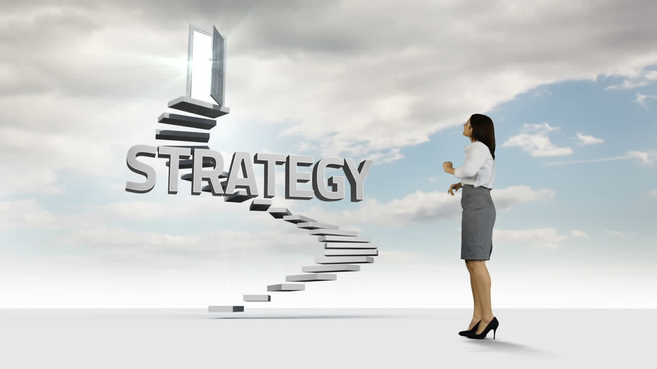 하늘에 떠다니는 단어가 있는 계단을 바라보는 사업가