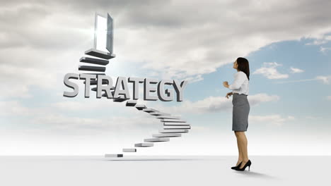 businesswoman looking at steps with a floating word in the sky