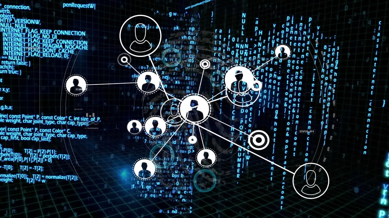 Animation of network of profile icons, data processing and blue light spots against black background