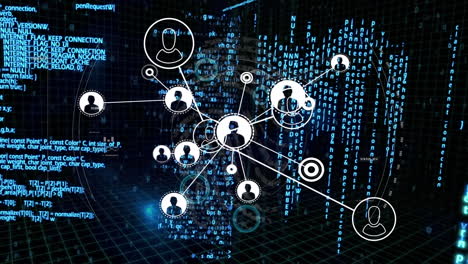 animation of network of profile icons, data processing and blue light spots against black background