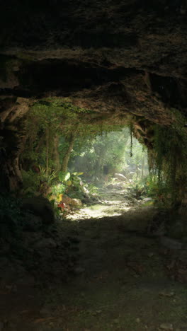 entrada a una cueva oscura en una selva exuberante